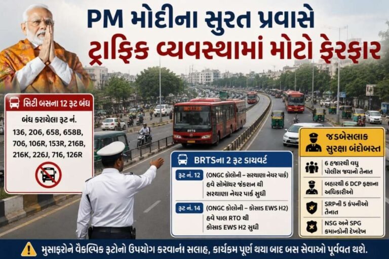 PM મોદીના સુરત પ્રવાસે ટ્રાફિક વ્યવસ્થામાં મોટો ફેરફાર: 12 સિટી બસ રૂટ બંધ, BRTSના 2 રૂટ ડાયવર્ટ